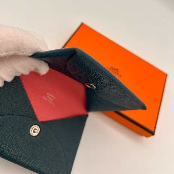 Hermes Chevre Mysore Calvi case Coin Verso rose azalee vert bosphore With Box - Picture 6 of 12